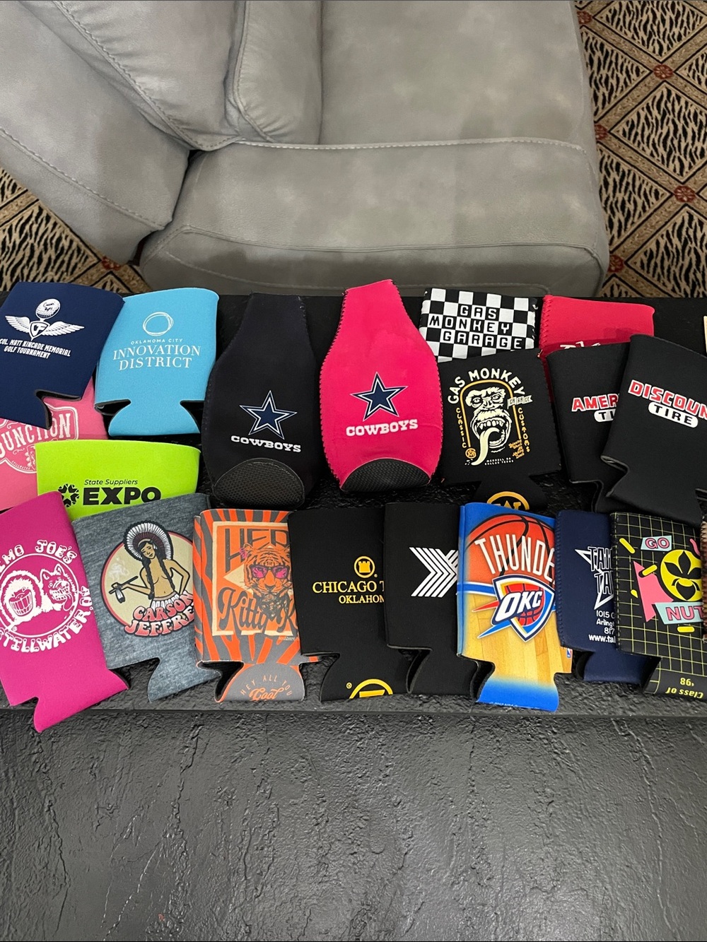 Lot- 21 assorted drink coozies Black/Pink Cowboys Thunder Eskimo Joes Gas Monkey